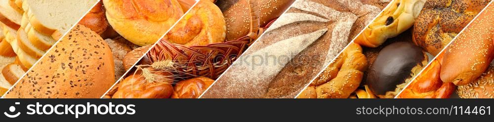Panoramic set of fresh bread products. Wide format.