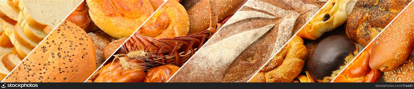 Panoramic set of fresh bread products. Wide format.