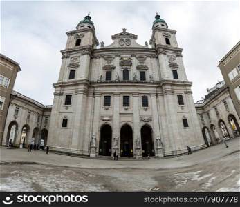 Panoramic shot of Salzburg Cathedral (Salzburger Dom) on a cloudy day