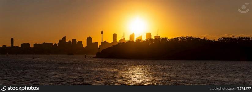 Panoramic silhouette view of Sydney downtown and harbor with trees in the foreground. Beautiful orange sky and sun setting in the background
