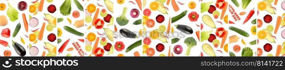 Panoramic skinali from whole and cut vegetables and fruits isolated on white background.