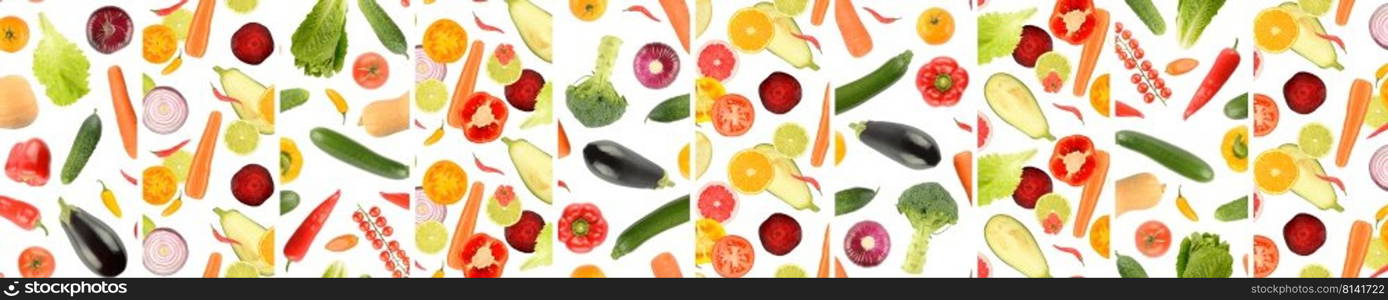 Panoramic skinali from whole and cut vegetables and fruits isolated on white background.