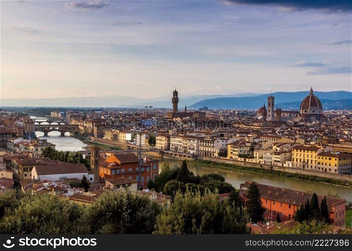 Panoramic sunset over cathedral of Santa Maria del Fiore in Florence, Italy