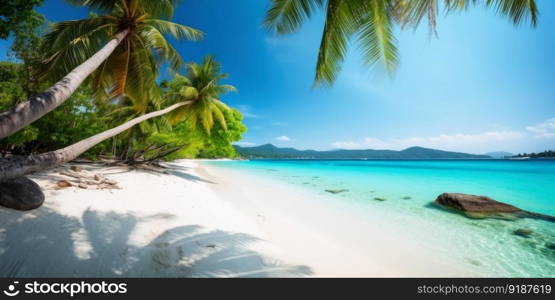 Panoramic tropical beach with palm trees created with generative AI technology