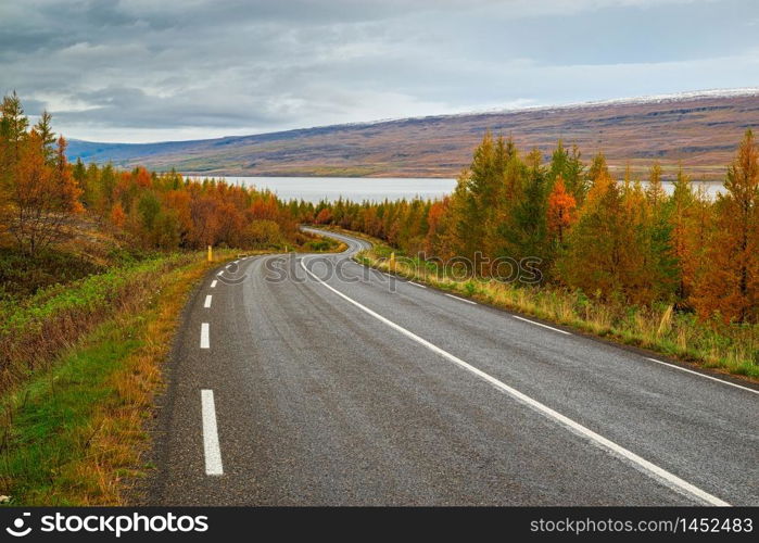 Panoramic view along the road for Lagarfljot river in eastside of Iceland. View along the road for Lagarfljot river, Iceland