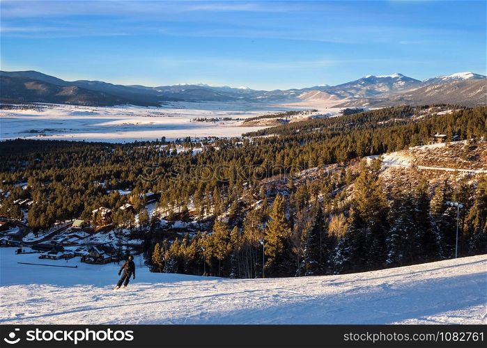 Panoramic View at the ski slopes piste in the mountains of Angel Fire, New Mexico.