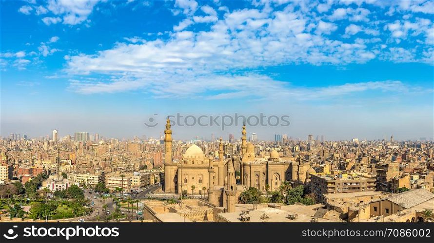 Panoramic view from above on Cairo and Sultan Hassan Mosque. Panoramic view on Sultan Hassan Mosque