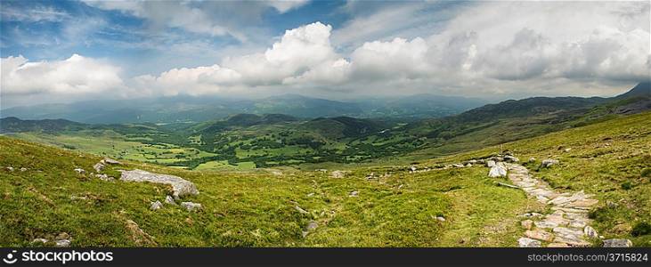 Panoramic view from Cadair Idris looking North towards Dolgellau over fields and countryside landscape