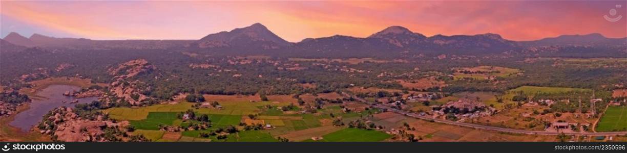 Panoramic view from Gingee Fort, Thiruvannamalai in Tamil Nadu India at sunset Known as the  Troy of the East  by the British, Gingee Fort rises out of the Tamilian plains. Lying in Villupuram District of Tamil Nadu in India