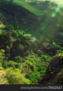 Panoramic view from New bridge in Ronda, one of the famous white place in Andalucia, Spain