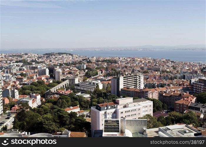 Panoramic view from the newest Amoreiras Lookout Point in Lisbon, Portugal, towards the old city and the Castle of Saint Georges in the background