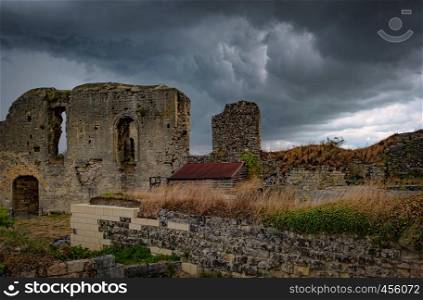 Panoramic view from Valkenburg Castle with dark clouds and storm