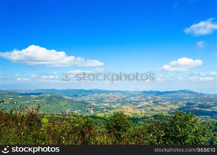 Panoramic view mountain range on Nature Trail in Khao Kho National Park in Phetchabun,Thailand, blue sky background texture with white clouds