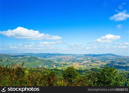 Panoramic view mountain range on Nature Trail in Khao Kho National Park in Phetchabun,Thailand, blue sky background texture with white clouds