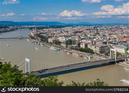 Panoramic view of a building of the Hungarian parliament, Danube and chain Secheni Bridge