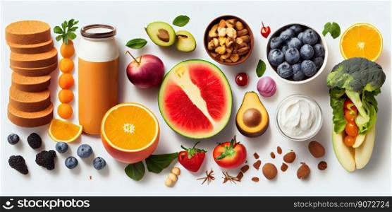 Panoramic view of a bunch of fruits and vegetables on a white background. Eat healthy