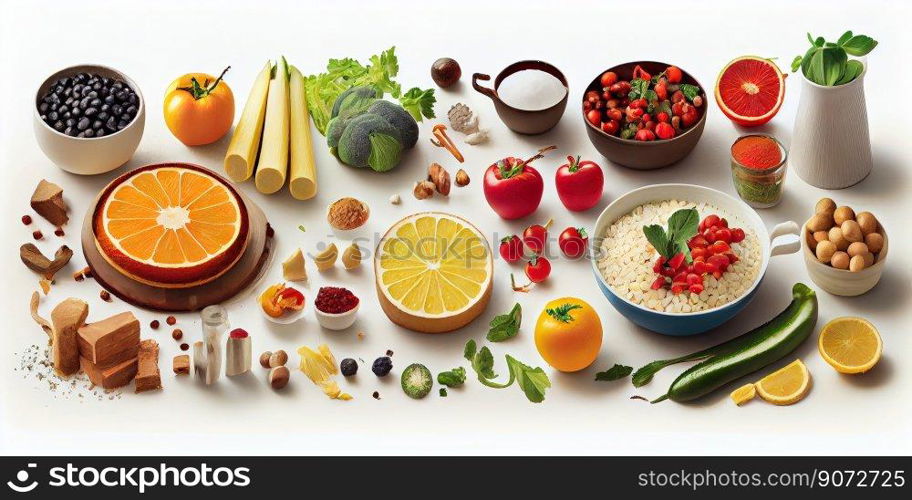 Panoramic view of a bunch of fruits and vegetables on a white background. Eat healthy