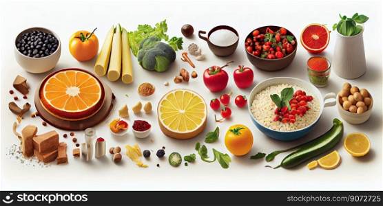 Panoramic view of a bunch of fruits and vegetables on a white background. Eat healthy