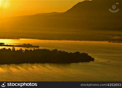 Panoramic view of a lake at dusk, Janitzio Island, Lake Patzcuaro, Morelia, Michoacan State, Mexico