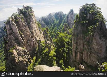 Panoramic view of a mountain range, Huangshan, Anhui province, China