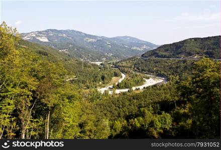 Panoramic view of a river valley in northern Tuscany region