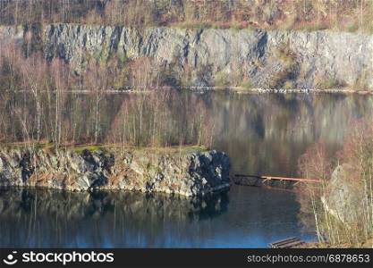 Panoramic view of an old open opencast mine of limestone works in Wuelfrath, Germany on a winter day.