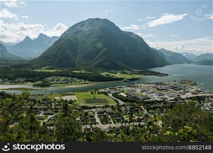 Panoramic view of Andalsnes Leirplass mountain in Norway under a sunny sky. Panoramic view of Andalsnes Leirplass mountain in Norway