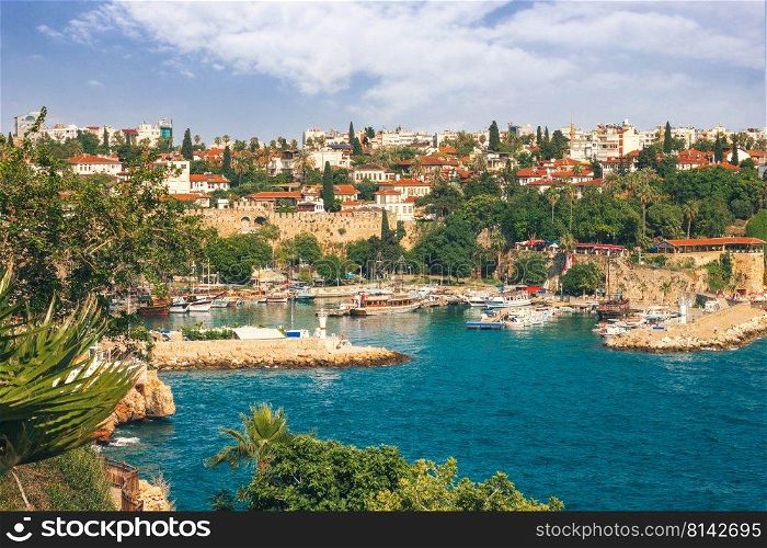 Panoramic view of Antalya Old Town port and Mediterranean Sea, Turkey. Summer vacation, travel photo.. Panoramic view of Antalya Old Town port and Mediterranean Sea, Turkey