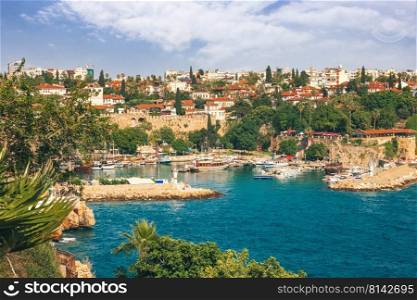 Panoramic view of Antalya Old Town port and Mediterranean Sea, Turkey. Summer vacation, travel photo.. Panoramic view of Antalya Old Town port and Mediterranean Sea, Turkey