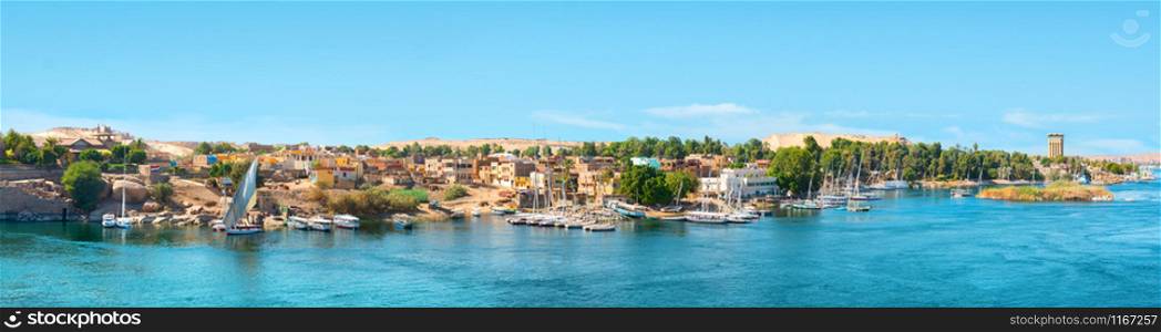Panoramic view of Aswan, city on river Nile in Egypt