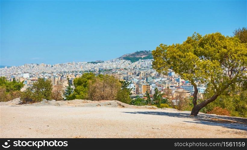 Panoramic view of Athens city from The Hill of the Nymphs, Greece - Urban landscape