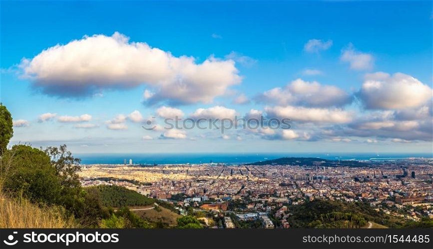 Panoramic view of Barcelona from Park Guell in a summer evening in Spain