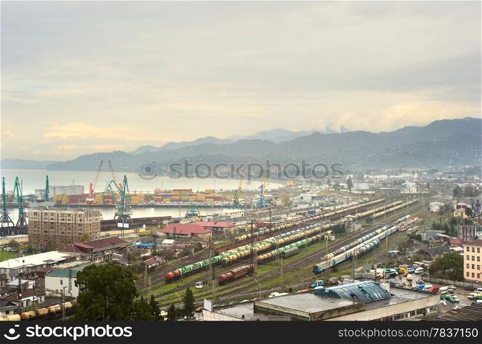 Panoramic view of Batumi port and railway station in Georgia