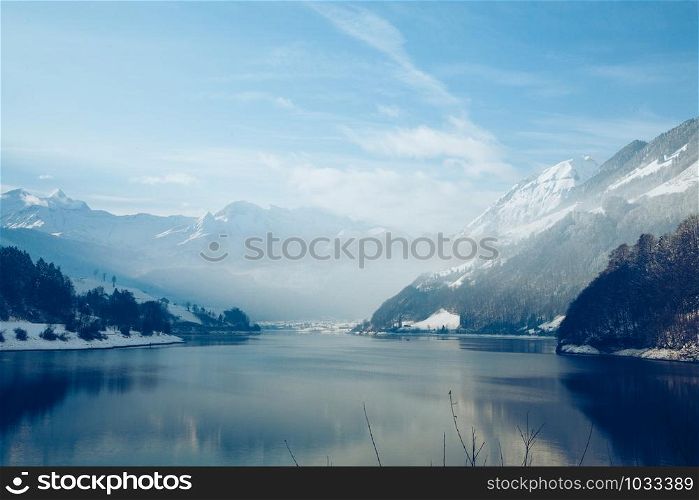 Panoramic view of beautiful white winter in the Alps