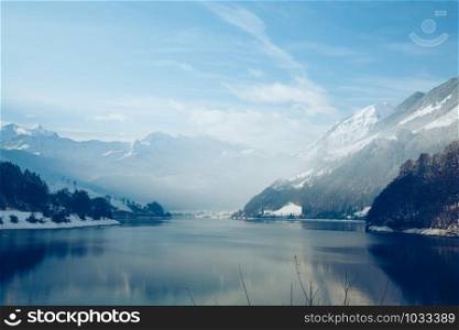Panoramic view of beautiful white winter in the Alps