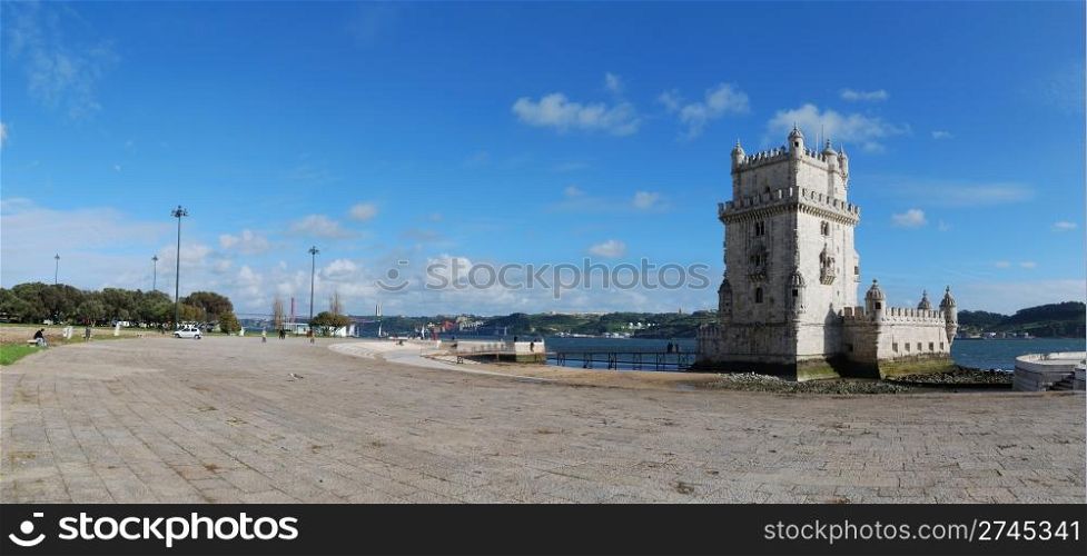 panoramic view of Belem Tower, one the most famous landmark in the city of Lisbon (Portugal)