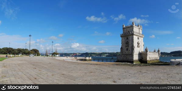 panoramic view of Belem Tower, one the most famous landmark in the city of Lisbon (Portugal)