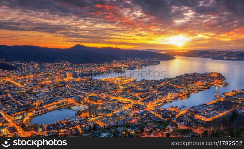 Panoramic view of Bergen from Floyen, Bergen, Norway at sunset.. Floyen at sunset.