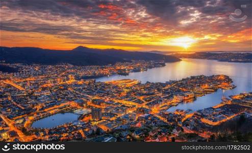 Panoramic view of Bergen from Floyen, Bergen, Norway at sunset.. Floyen at sunset.