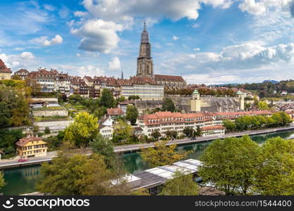 Panoramic view of Bern and Berner Munster cathedral in Switzerland