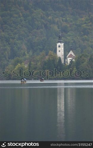 Panoramic view of boats on a lake in Slovenia