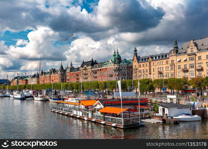 Panoramic view of boulevard Strandvagen on Ostermalm from Djurgardsbron bridge in central Stockholm, capital of Sweden. Strandvagen in Stockholm, Sweden