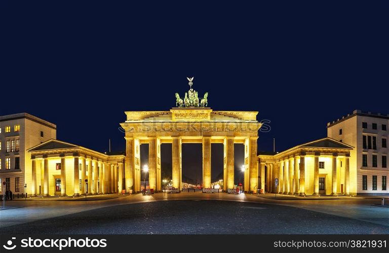 Panoramic view of Brandenburg gate (Brandenburger Tor) in Berlin, Germany at night