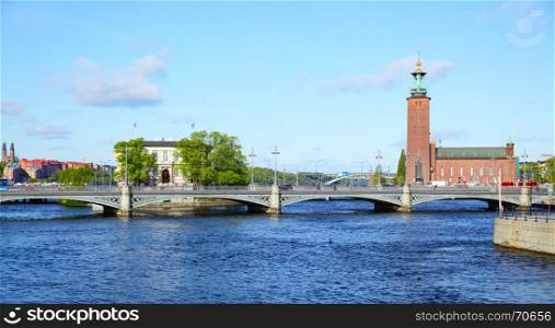 Panoramic view of bridge and city hall in Stockholm, Sweden