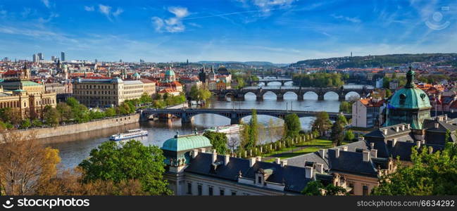 Panoramic view of bridges over Vltava river from Letni Park. Prague, Czech Republic. Stitched panorama. Panoramic view of Prague bridges over Vltava river from Letni P