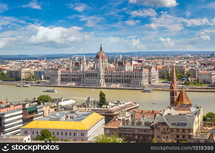 Panoramic view of Budapest and Parliament Building in Hungary in a beautiful summer day