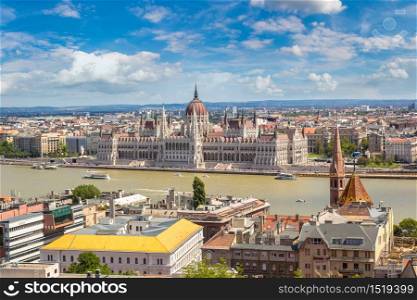 Panoramic view of Budapest and Parliament Building in Hungary in a beautiful summer day