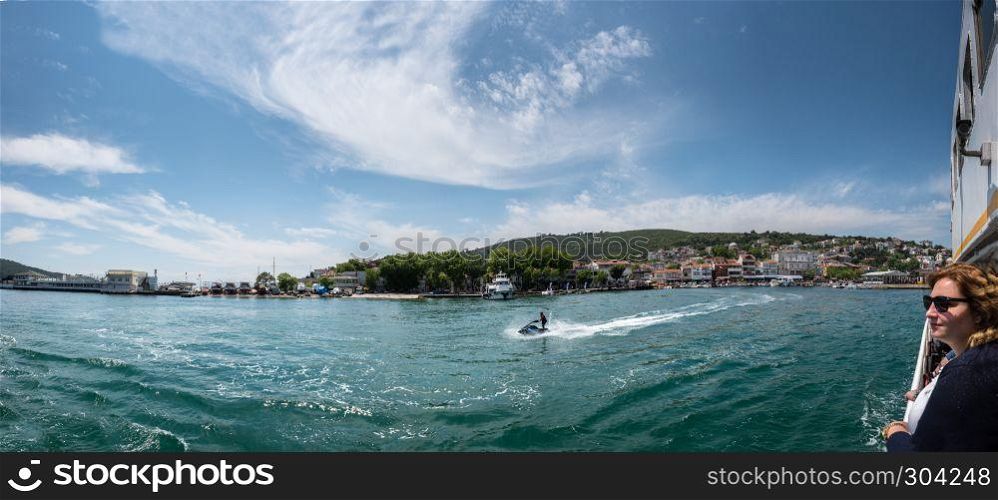 Panoramic View of Burgazada island from the sea.The island is one of four islands named Princes Islands in the Sea of Marmara, near Istanbul, Turkey.20 May 2017. View of Burgazada island from sea in Istanbul,Turkey