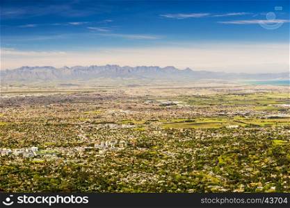 Panoramic view of Cape Town towards Stellenbosch mountains from Table Mountain in South Africa