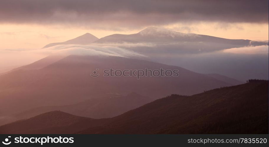 Panoramic view of Carpathian mountains silhoutte, Ukraine